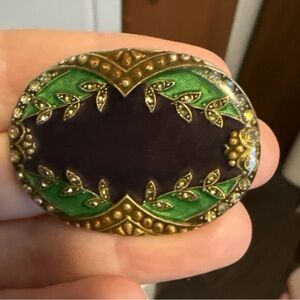 Catherine Popesco France Art Deco Navy Blue Green AB Rhinestones Enamel Brooch